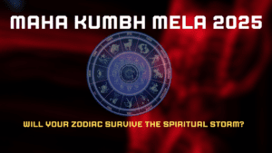 A mystical depiction of the Maha Kumbh Mela 2025 with zodiac symbols surrounding a powerful, divine energy. The image represents the intense spiritual journey each sign will face during the event.